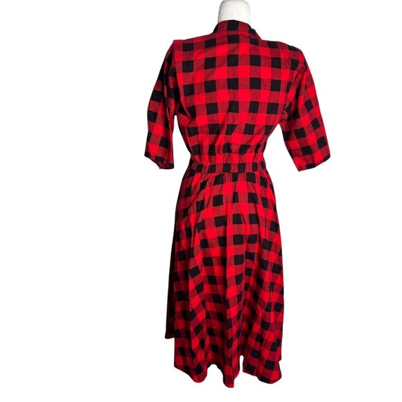 Vintage Plaid Faux Wrap Dress Small Red Black Midi Pockets Shoulder Pads Buttons - Picture 5 of 7